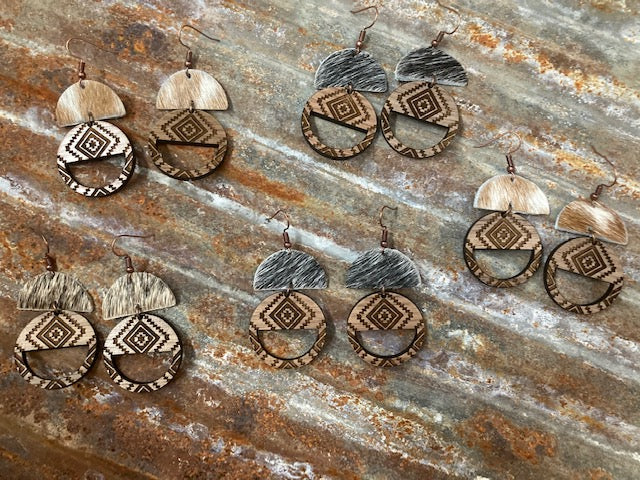 Wooden Aztec ~ Black Brindle Hair-on Earrings